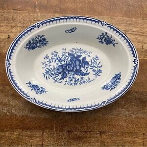 Vintage or antique BOOTHS blue and white country French floral oval  bowl 11”